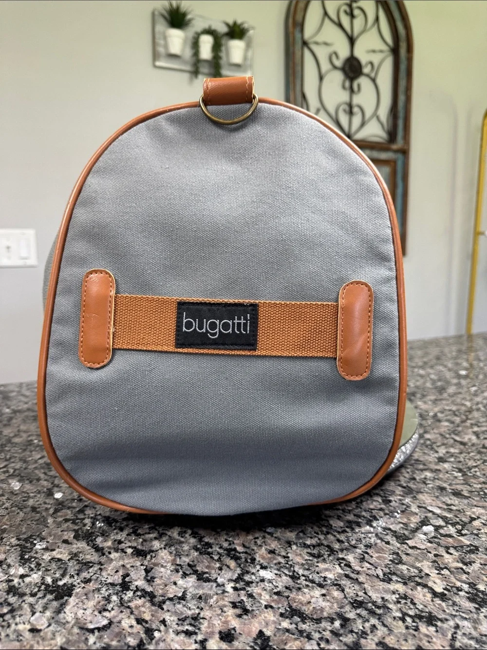 Bugatti Gray heavy canvas Duffel Bag with Tan Straps and shoulder strap NEW